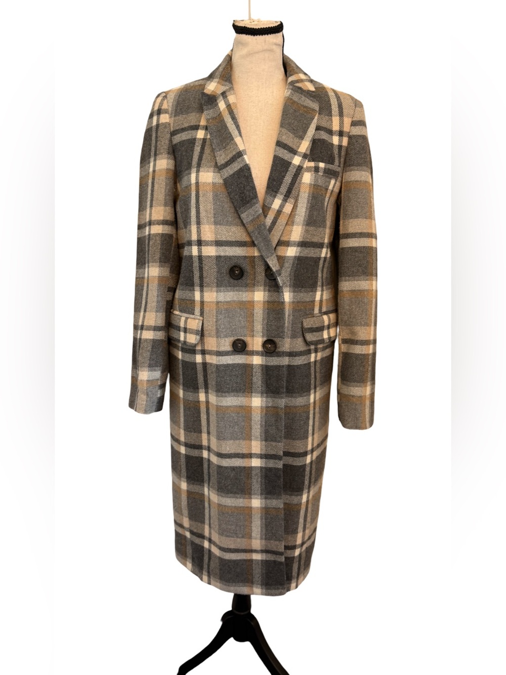Stradivarius Plaid Wool Blend Long Coat Size Small Double Breasted Gray Beige